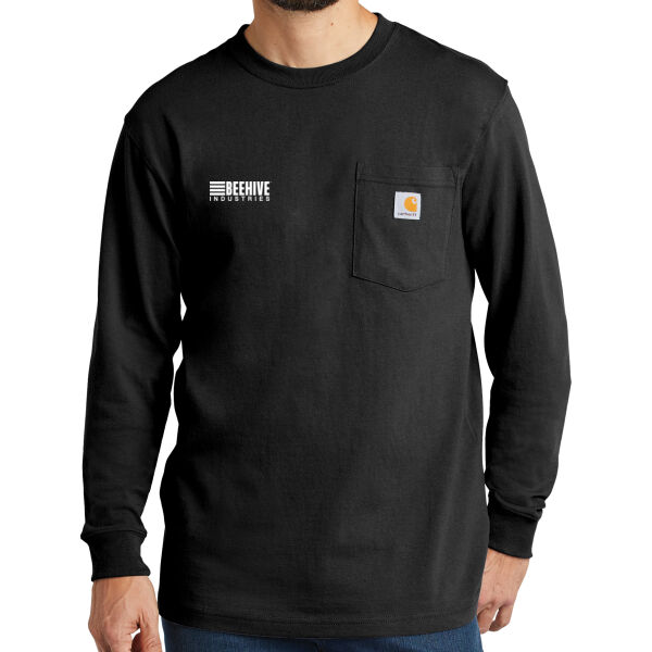 light print FRONT crest logo / BACK neckline stripes - Workwear Pocket Long Sleeve T Shirt Thumbnail