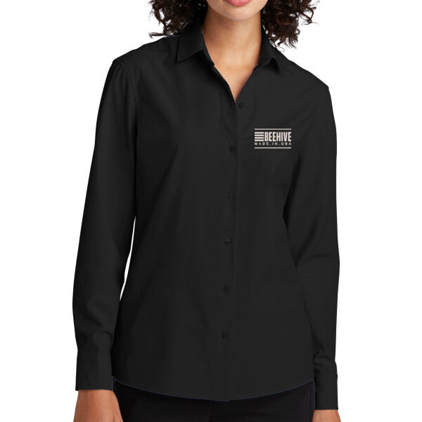 Beehive Embroidered  - Women's Long Sleeve Stretch Woven Shirt Thumbnail
