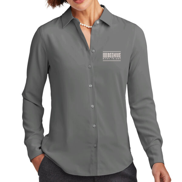 Beehive Embroidered  - Women's Full Button Satin Blouse Thumbnail