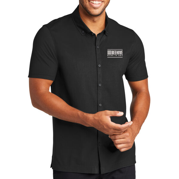 Beehive Embroidered - Stretch Pique Full Button Polo Thumbnail