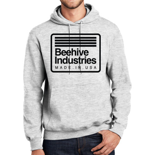 Dark Print FRONT FULL made in USA / R-SLEEVE stripes - Essential Fleece Pullover Hooded Sweatshirt Thumbnail