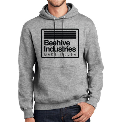 Dark Print FRONT FULL made in USA / R-SLEEVE stripes - Tall Essential Fleece Pullover Hooded Sweatshirt Thumbnail