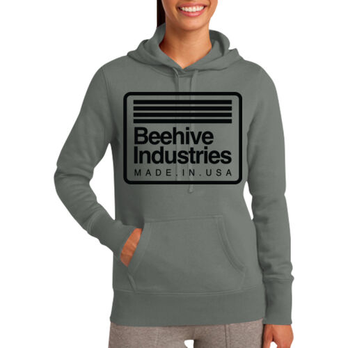 Dark Print FRONT FULL made in USA / R-SLEEVE stripes - Ladies Pullover Hooded Sweatshirt Thumbnail