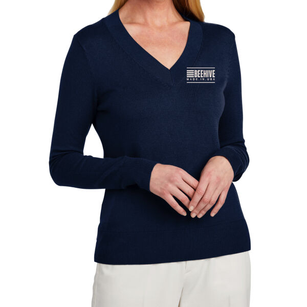Beehive Embroidered  - Women's Cotton Stretch V-Neck Sweater Thumbnail