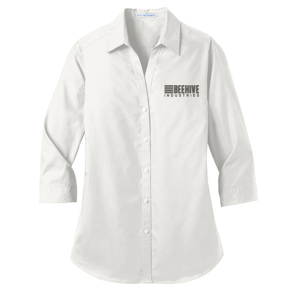 Beehive Embroidered - Ladies 3/4 Sleeve Carefree Poplin Shirt Thumbnail