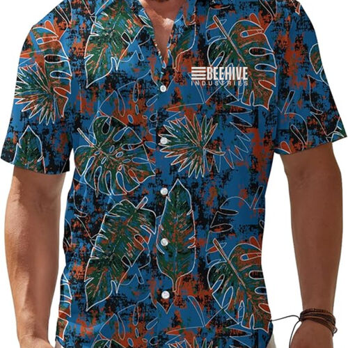 Beehive Industries Embroidered - Bojin Red Leaf Navy Blue Hawaiian Shirt Thumbnail